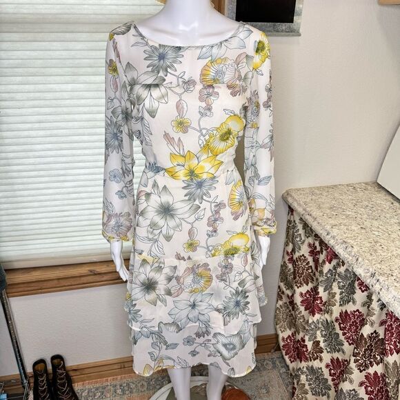 Cupcakes and Cashmere Floral Chiffon Tiered Lined Long Sleeve Midi Dress Size 4 - Picture 4 of 15